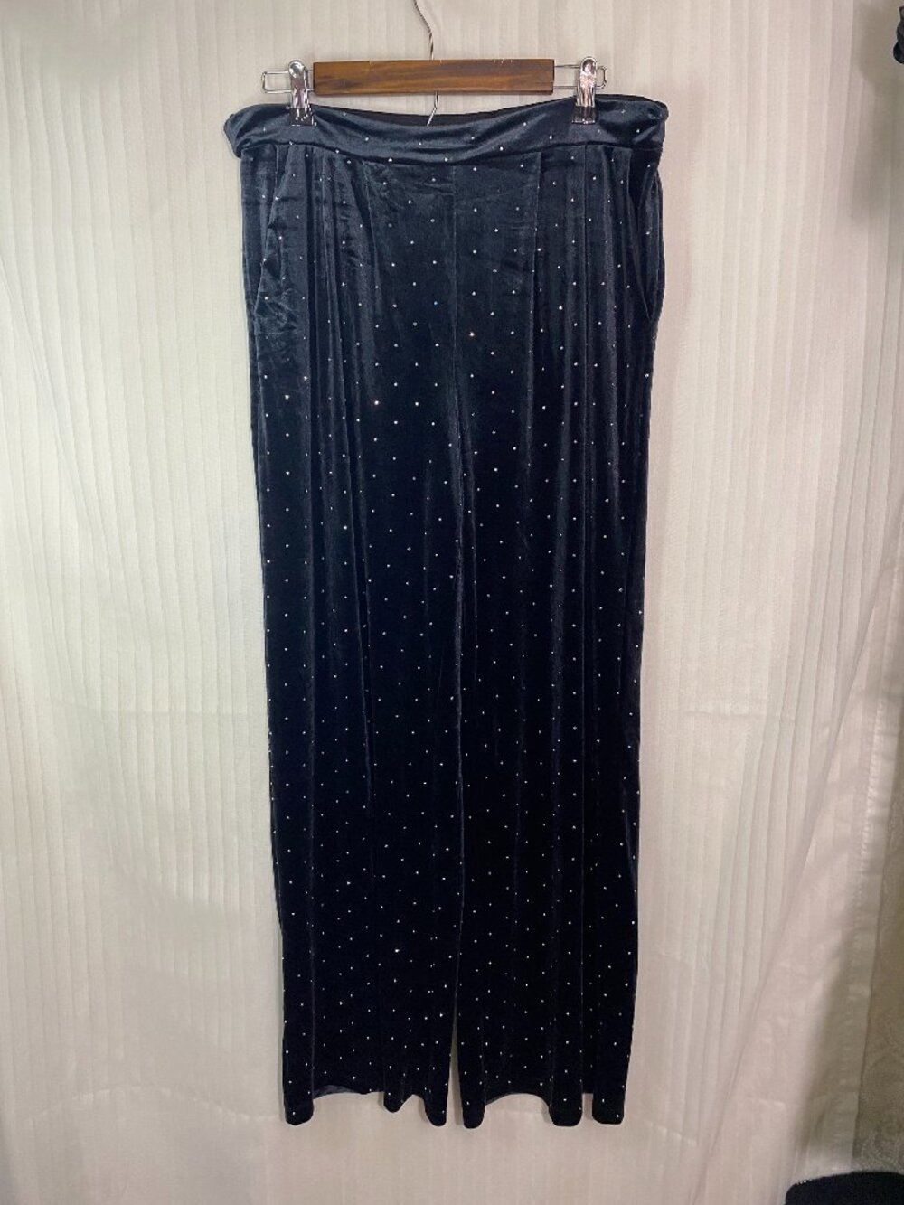 Forever 21 Black Velvet Rhinestone Wide Leg Pants Women's XL Pull On Stretch